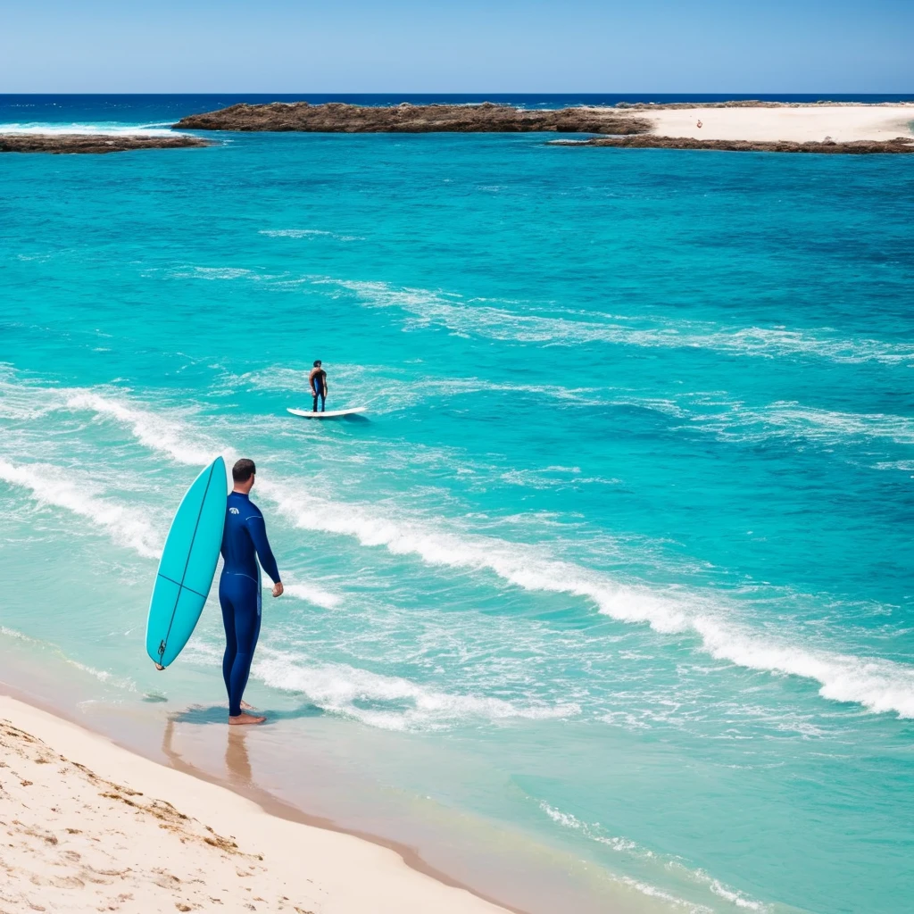 there is a man standing on the beach with a surfboard, carribean turquoise water, blue waters, turquoise water, turquoise ocean, the ocean in the background, a photo of the ocean, azure blue water, ocean in the background, varadero beach, clear blue water, shades of blue, ocean shoreline on the horizon, azure water, hawaii beach