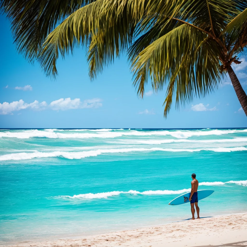 there is a man standing on the beach with a surfboard, carribean turquoise water, blue waters, turquoise water, turquoise ocean, the ocean in the background, a photo of the ocean, azure blue water, ocean in the background, varadero beach, clear blue water, shades of blue, ocean shoreline on the horizon, azure water, hawaii beach