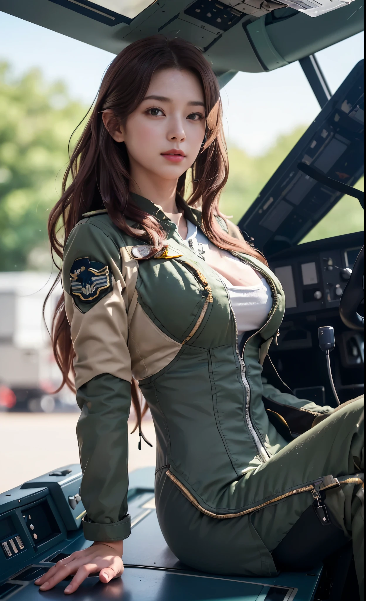 Different mood busty American with large eyes woman large eyes with very two long hair, showing cleavage,smiling, showing cleavage army dress open zip style, Portrait: Heaven soft liquid Opal opulence Elsa,full body view, smooth fit, oily skin, wearing sexy army pilot dress,DSLR, F/2.8, 5D, 16k, hip be Super-Resolution . realistic style, key visual, vibrant, studio, showing cleavage, realistic, highly detailed A smile whimsical full body view girl with a background of war jet , standing sharp look with saggy breast showing cleavage, wide eyes, pink lips,, wide hips, perfect anatomy, illuminated face, detailed face, perfect eyes, detailed eyes, golden ratio, perfect fingers. Breathtaking, masterpiece, high definition, accent lighting, contrasted with bright paint colors, intricate details, highly detailed, professional, sleek, modern, standing with legs wide, confident pose, fist on hips,