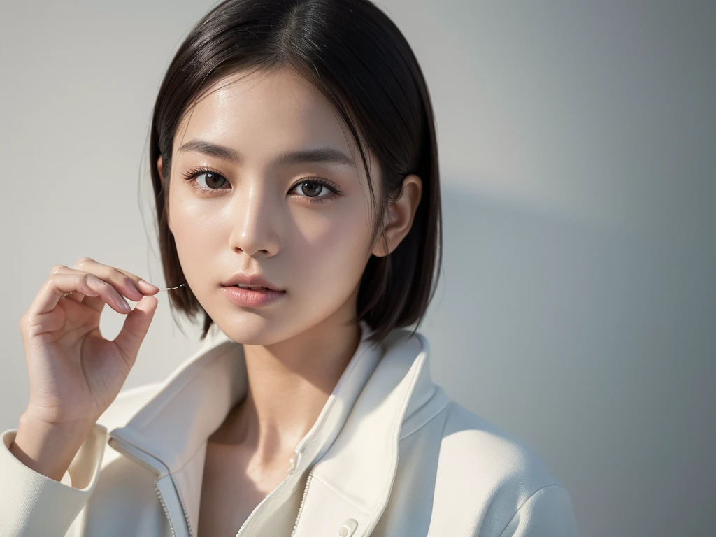 Hyperrealistic portrait of a young Japanese woman in her early 20s, (8k resolution:1.2), (photorealistic:1.3), (ultra-detailed:1.2), perfect facial features, flawless skin, natural makeup, short straight hair, wearing a white jacket, standing indoors against a simple background, soft natural lighting, shallow depth of field, shot on Canon EOS R5, 85mm f/1.4 lens, magazine cover quality, minimalist fashion editorial style, neutral colors, high contrast, sharp focus on eyes, elegant and relaxed expression, high-end production value, retouched by industry professionals, lifelike textures, natural skin tones, perfect composition, model-like proportions, commercial appeal.