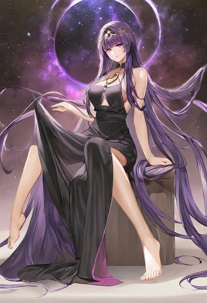 Athena,Extra long purple hair,Purple Eyes,Wearing black silk,Purple long skirt,Black long skirt,But the long skirt is very sexy and revealing,There is no decoration on the head,barefoot,Sitting posture,A black hole in the universe,Purple and black black hole
