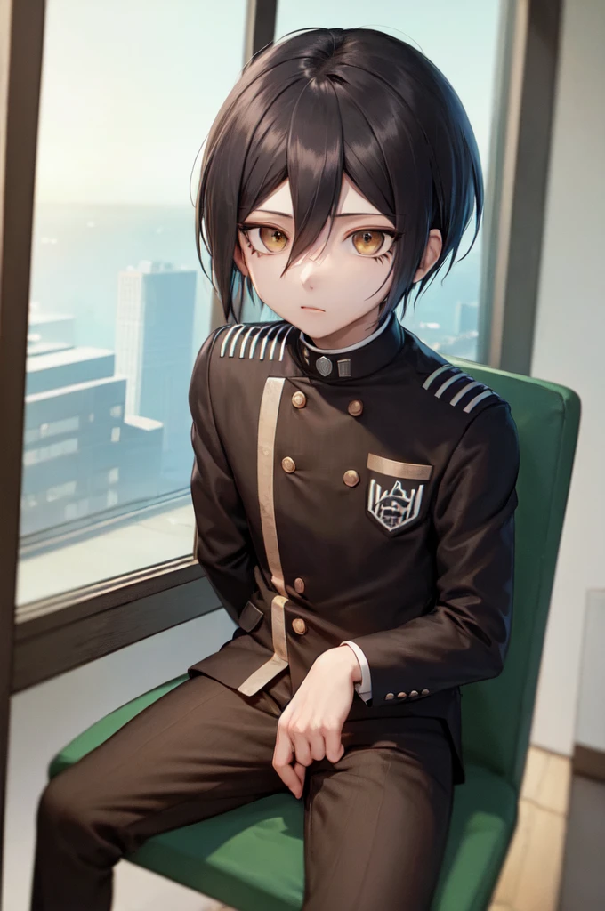 (masterpiece, best quality:1.2), solo, male focus, 1boy, saihara shuichi, expressionless, closed mouth, looking at viewer, black jacket, double-breasted, black pants BREAK 1 girl, bedroom, sitting on bed, nightlife, window, city, BREAK 171cm tall, 58kg, 80cm chest