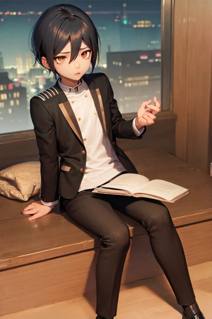 (masterpiece, best quality:1.2), solo, male focus, 1boy, saihara shuichi, expressionless, closed mouth, looking at viewer, black jacket, double-breasted, black pants BREAK 1 girl, bedroom, sitting on bed, nightlife, window, city, BREAK 171cm tall, 58kg, 80cm chest