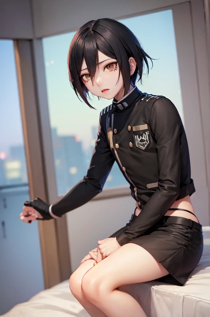 (masterpiece, best quality:1.2), solo, male focus, 1boy, saihara shuichi, expressionless, closed mouth, looking at viewer, black jacket, double-breasted, black pants BREAK 1 girl, bedroom, sitting on bed, nightlife, window, city, BREAK 171cm tall, 58kg, 80cm chest