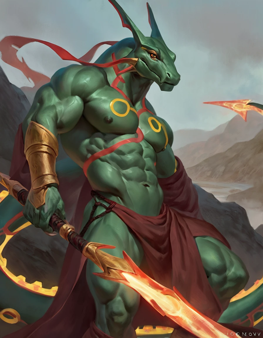 Rayquaza, comic book style, illustration, solo, male, [[masculine pose]], monk, robes, masterpiece, best art, full body, by laobai, by taran fiddler, by honovy, detailed eyes, detailed body, claws, masculine body shape, fantasy, tall, topless, pecs, abs, nipples