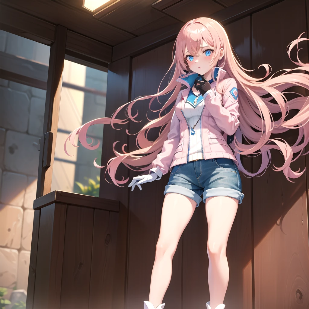 A woman, long brown hair [Wavy hair at the end of the hair,], blue eyes [bright pupils 1.5] break 
White shirt[with white shirt collar], Pink coquette jacket[Zipped up half way], Space blue short, Black gloves[short gloves,cover only the wrist and middle finger], Black tights, White legs warm,Blown boots [Short]. Break 
