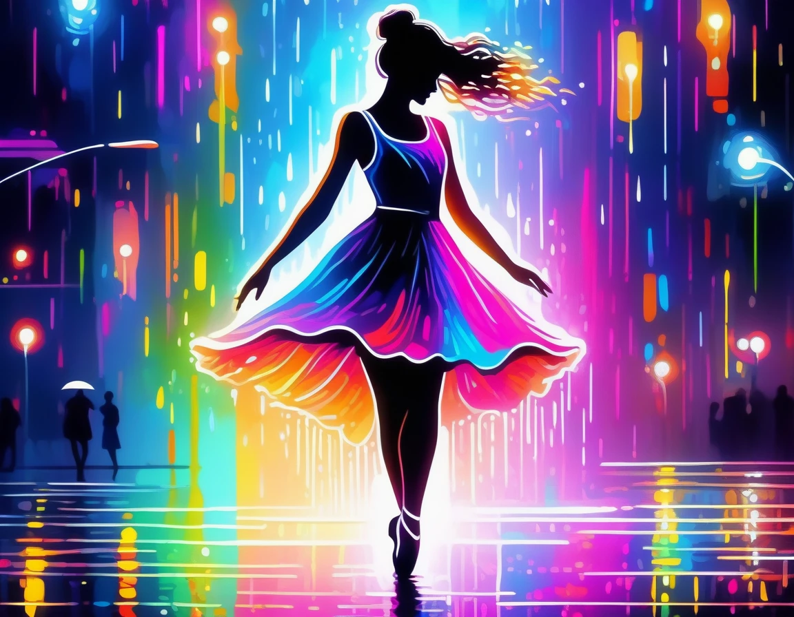 ((Masterpiece)), ((Best Quality)), (Very Detailed), ((Very Detailed)), 4K, (8K), very aesthetic, absurdres highres, A scene in which a ballerina dances in the pouring rain on the streets of a city at night. Rainbow-colored silhouettes are illuminated by neon lights and reflected on the wet pavement. The flow of the dancer's movements and the details of the raindrops are depicted in detail.
