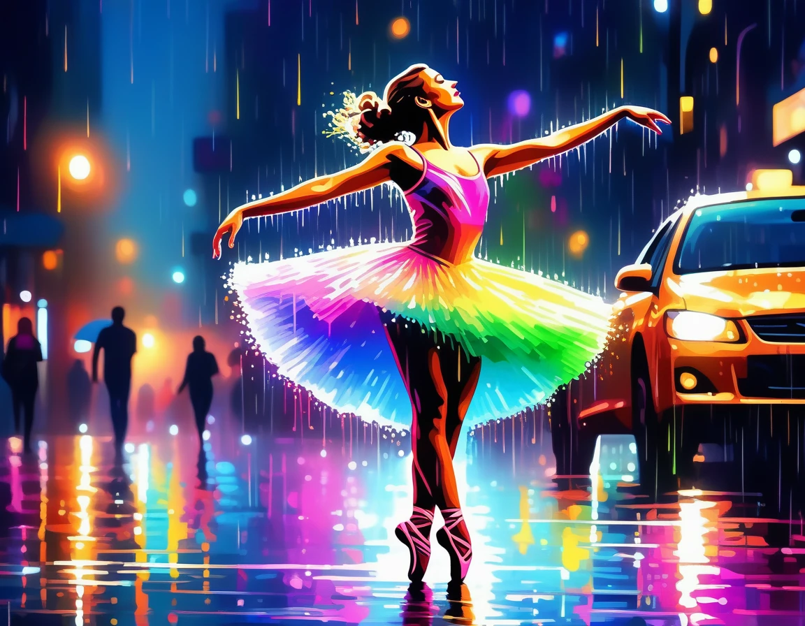 ((Masterpiece)), ((Best Quality)), (Very Detailed), ((Very Detailed)), 4K, (8K), very aesthetic, absurdres highres, A scene in which a ballerina dances in the pouring rain on the streets of a city at night. Rainbow-colored silhouettes are illuminated by neon lights and reflected on the wet pavement. The flow of the dancer's movements and the details of the raindrops are depicted in detail.