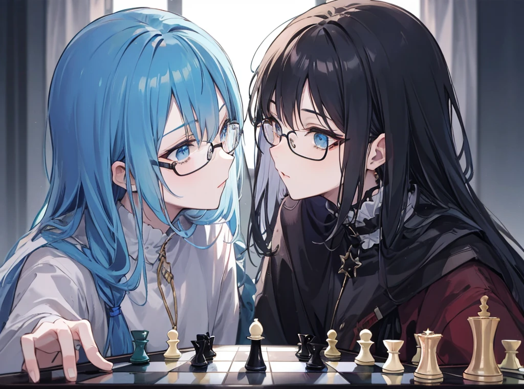 Two men（Androgynous male with long blue hair　Black-haired man wearing glasses）Chessboard, (Facing each other), (Masterpiece Top quality) 