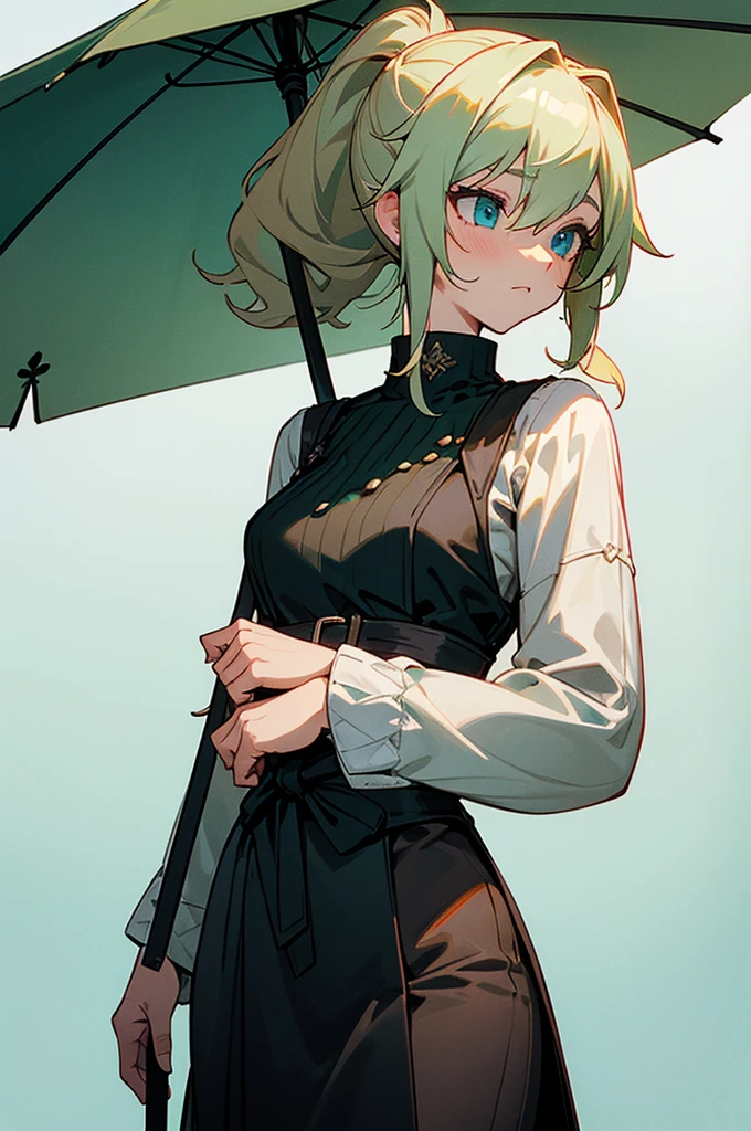 {best quality}, {{masterpiece}}, (hlfcol haired girl with pastel green and light blonde hair), 1girl, solo, ((noodle hair)), ((wavy ponytail)), ((waist length hair)), hair between eyes, beautiful detailed eyes, mint blue eyes, {{{{{crossed legs}}}}}, {{{{{{{{standing}}}}}}}}, {{{{{{{{plain white knitted loose sweater}}}}}}}}, {{{{{{{{{{{{{loose clothes}}}}}}}}}}}, {{{{{long sweater}}}}}, black legwear, beautiful detailed green jewel leather collar, final fantasy xiv, {{raining}}, {outdoors}, {transparent umbrella}