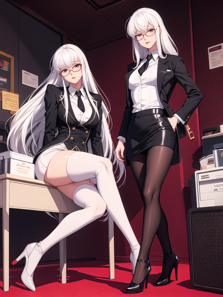 Domineering female president，Slim，White hair，长White hair，in office，full-body shot，Black pantyhose，High heel，wear glasses，Long Law，High target，Wearing a black suit，Short skirt