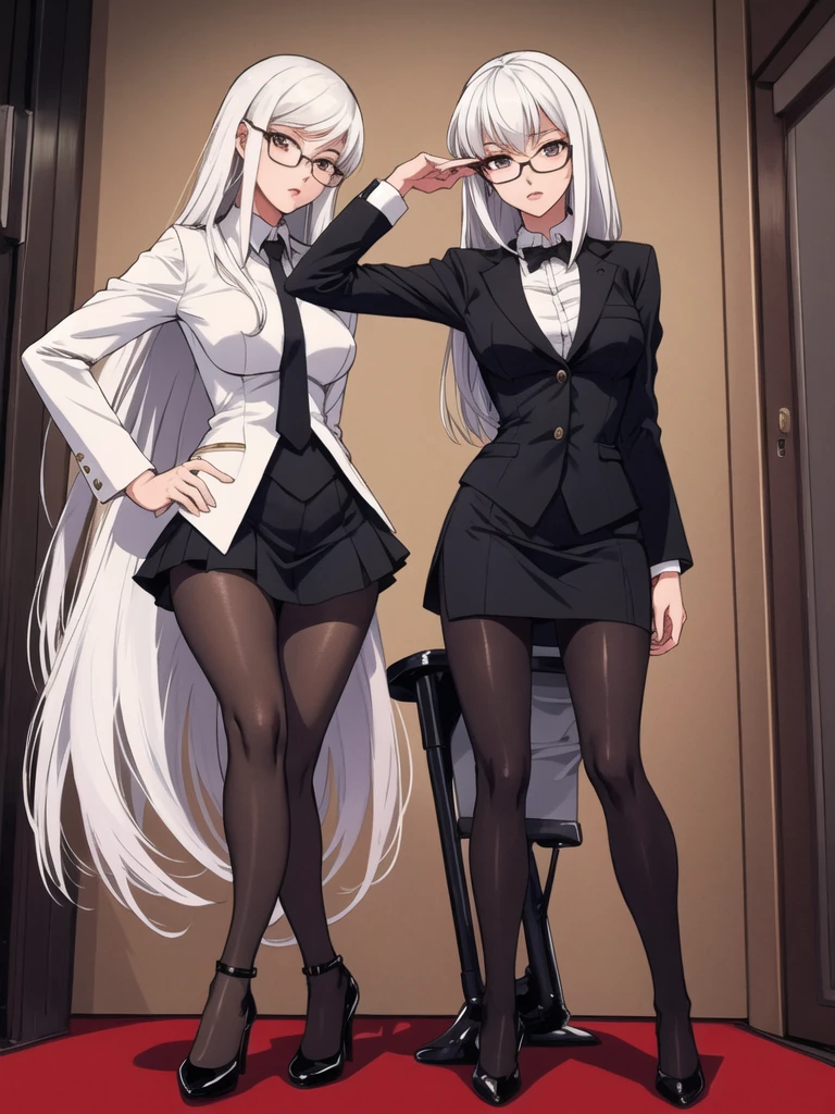 A slim 19-year-old girl with long lavender hair, silver-gray eyes and wears stylish black glasses. her skin is snow white and smooth.