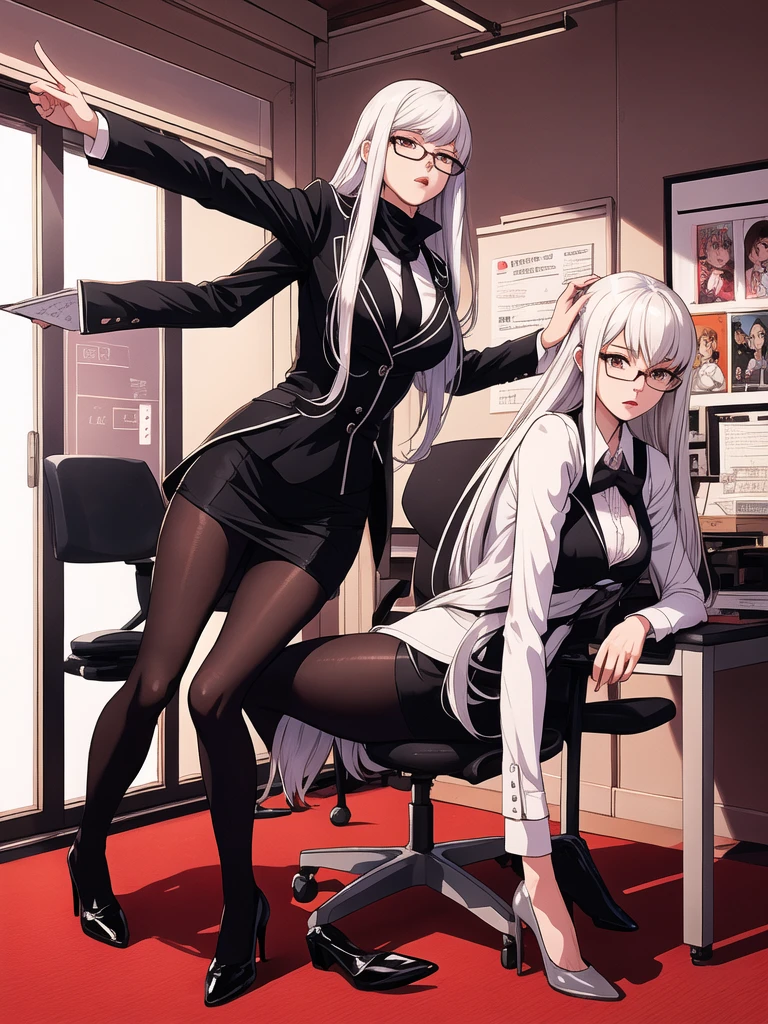 Domineering female president，Slim，White hair，长White hair，in office，full-body shot，Black pantyhose，High heel，wear glasses，Long Law，High target，Wearing a black suit，Short skirt