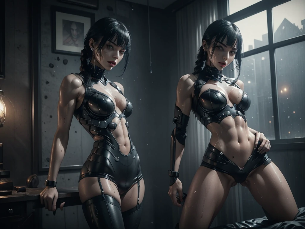 braided ponytails, ((short skirt)) (((Slutty skintight cybernetic Full AI skin and anatomy))), ((slutty braided hair)), ((She is in your bedroom, slutty )), Perfect back view of her tight butt, full body picture, she is a seductive slut, Perfect proportions, she has a perfect Ass... she wants to put your tiny shrunken body deep inside of her pussy, short hair with bangs and ponytails, beautiful horror, domination, death by pussy insertion, skinny sexy and slutty woman, she needs to have your tiny shrunken body deep inside of her pussy.... she wants you to choke inside of her pussy, she is the embodiment of sexual domination and lust, she is perfect, you are her prey, you are about to die inside of her pussy, small tight ass, giantess domination, human sex toy, helpless, she is a giantess and she wants to use your tiny shrunken body as a human dildo..., perfect anatomy, perfect arms and hands, better detail on her eyes... make her eyes look scary and beautiful, perfect sexy and slutty athletic body, perky nipples, wet, white cum, perfect tight butt, black hair, perfect legs and thighs, tight wet pussy, white dripping cum, ((Perfect eyes and face)), ((closed wet full lips)), ((perfect hands and fingers)), ((( a lot of white cum is dripping out of her pussy))), ((she has a very skinny and toned strong body)), ((makeup)), ((freckles)), ((perfect eyebrows)), ((sharper edges)), ((perfect scary grey eyes)), perfect face, slut, sadistic, predatory, better detail on her skin, perfect face and strong jawline, perfect full wet lips, sadistic atmosphere, wet sweaty skin, beautiful intimidating grey eyes, ((beautiful horror)), better lighting, more toned muscles, perfect detail on her intimidating eyes, very tight underwear, ((tight pussy)), (((tighter clothing))), slutty, intense, perfect detail, ((piercings)), better detail on her bellybutton, skinny, skinny and strong, more skin showing, intense, slutty, freckles, long skinny perfect legs, scary and intense, super slutty