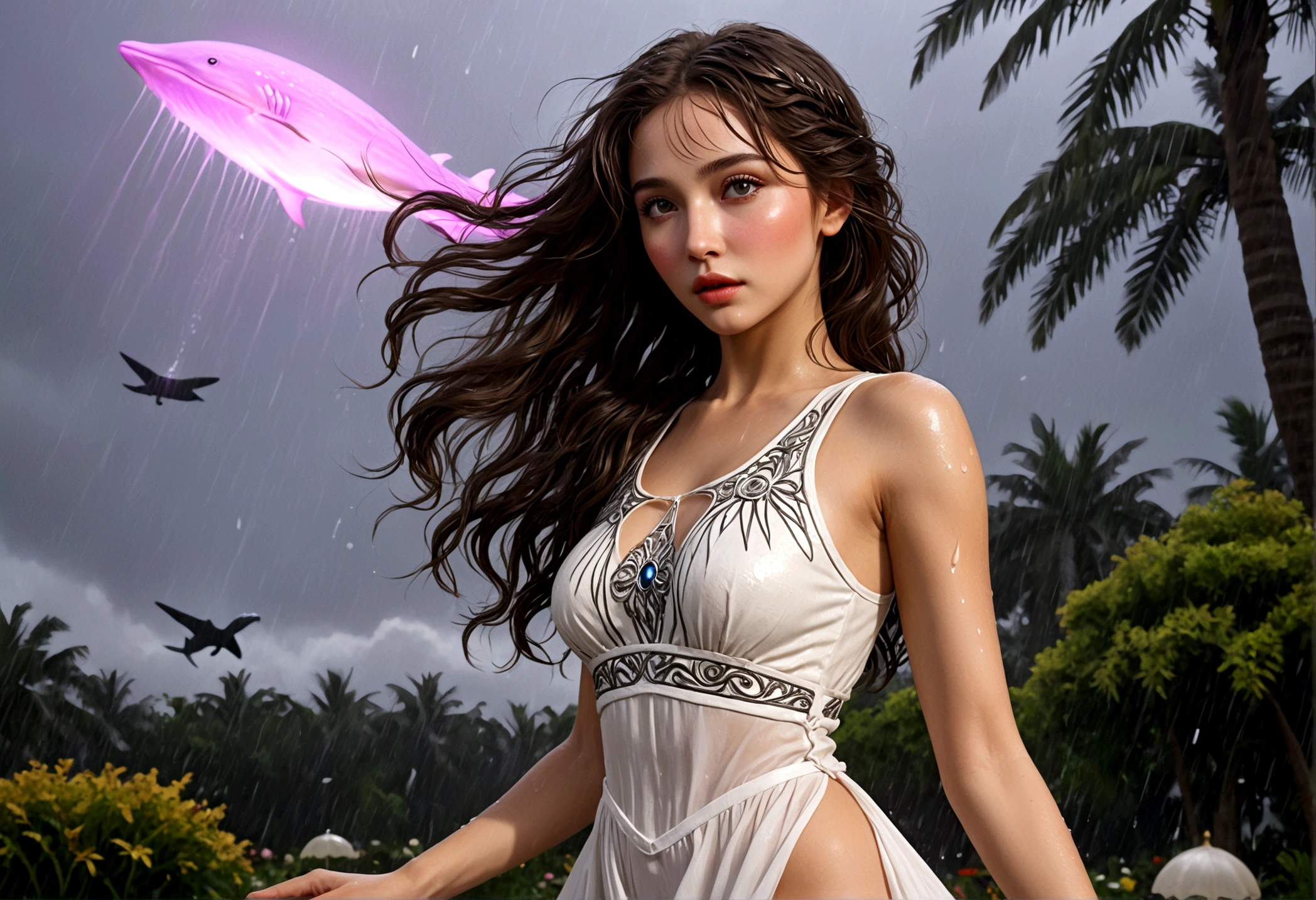 a woman with honeybun hair, beautiful detailed eyes, beautiful detailed lips, extremely detailed face, long eyelashes, wearing a white airy dress, dancing in the rain, in a lush garden on Alderaan, flying sky whales in the background, 1girl, digital art, oil painting, cinematic lighting, warm colors, dramatic, hyperrealistic, 8k, best quality, masterpiece, photorealistic, ultra-detailed