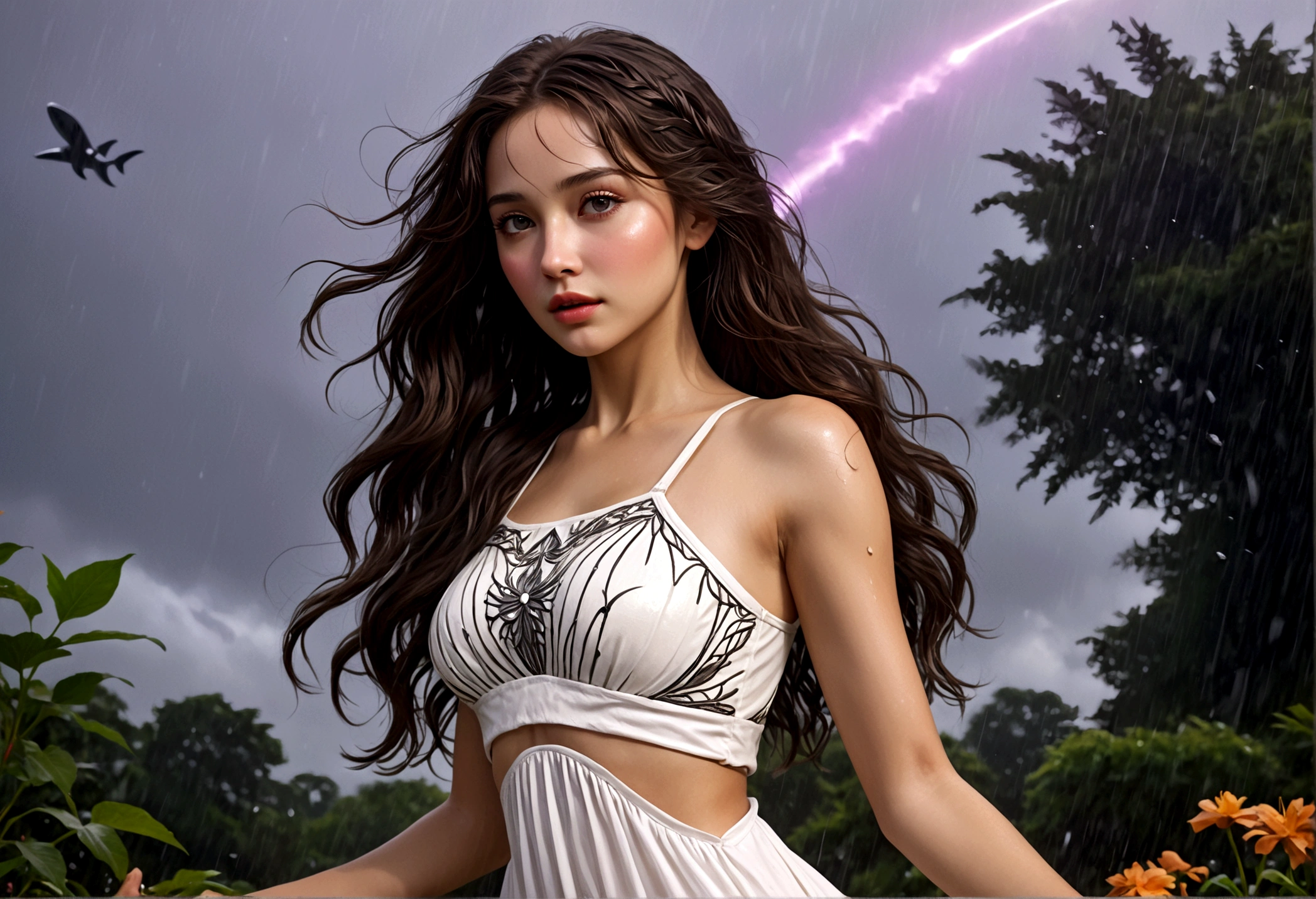 a woman with honeybun hair, beautiful detailed eyes, beautiful detailed lips, extremely detailed face, long eyelashes, wearing a white airy dress, dancing in the rain, in a lush garden on Alderaan, flying sky whales in the background, 1girl, digital art, oil painting, cinematic lighting, warm colors, dramatic, hyperrealistic, 8k, best quality, masterpiece, photorealistic, ultra-detailed