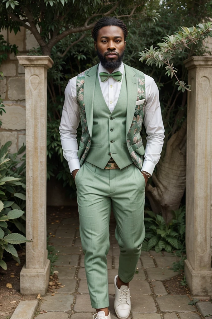 Handsome African man with a long beard wearing a Green sage Bohem chic vest green sage for man. The man also wears green sage pants for wedding. The bow tie is made of  floral white and green fabric. The man is standing in a garden. He is wearing brown chic shoes. 