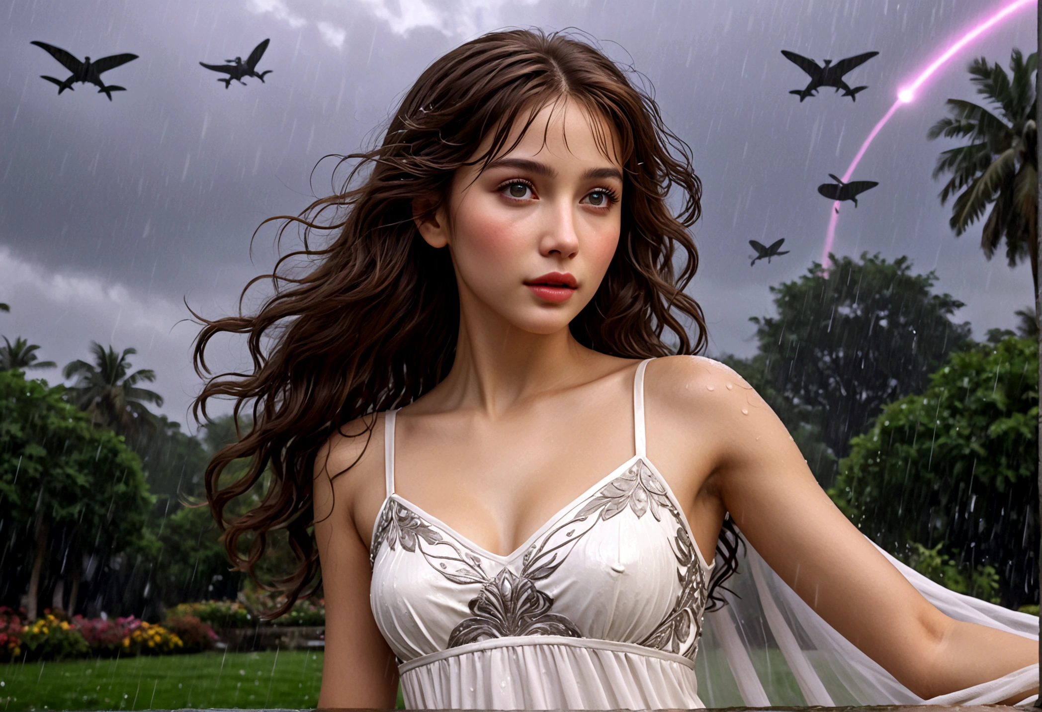 a woman with honeybun hair, beautiful detailed eyes, beautiful detailed lips, extremely detailed face, long eyelashes, wearing a white airy dress, dancing in the rain, in a lush garden on Alderaan, flying sky whales in the background, 1girl, digital art, oil painting, cinematic lighting, warm colors, dramatic, hyperrealistic, 8k, best quality, masterpiece, photorealistic, ultra-detailed
