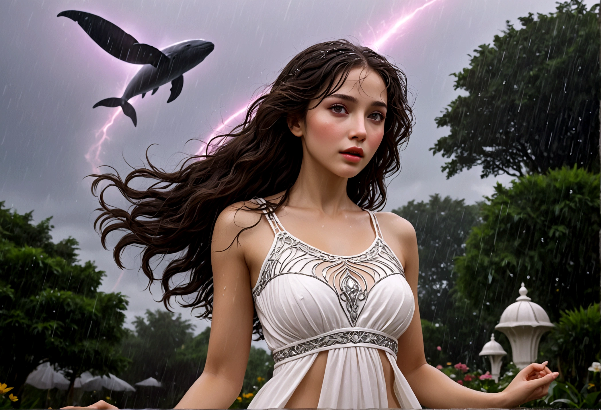 a woman with honeybun hair, beautiful detailed eyes, beautiful detailed lips, extremely detailed face, long eyelashes, wearing a white airy dress, dancing in the rain, in a lush garden on Alderaan, flying sky whales in the background, 1girl, digital art, oil painting, cinematic lighting, warm colors, dramatic, hyperrealistic, 8k, best quality, masterpiece, photorealistic, ultra-detailed
