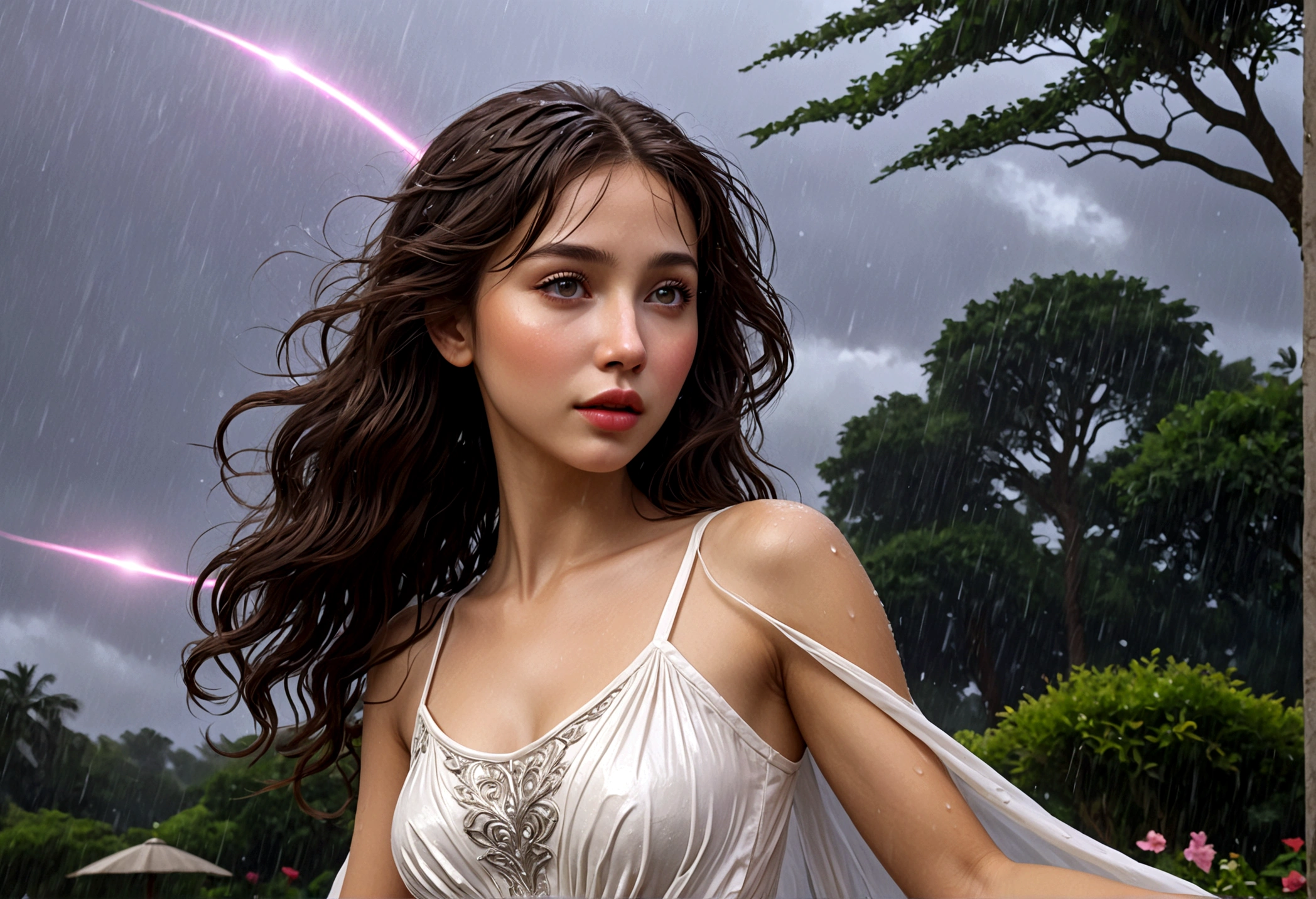 a woman with honeybun hair, beautiful detailed eyes, beautiful detailed lips, extremely detailed face, long eyelashes, wearing a white airy dress, dancing in the rain, in a lush garden on Alderaan, flying sky whales in the background, 1girl, digital art, oil painting, cinematic lighting, warm colors, dramatic, hyperrealistic, 8k, best quality, masterpiece, photorealistic, ultra-detailed