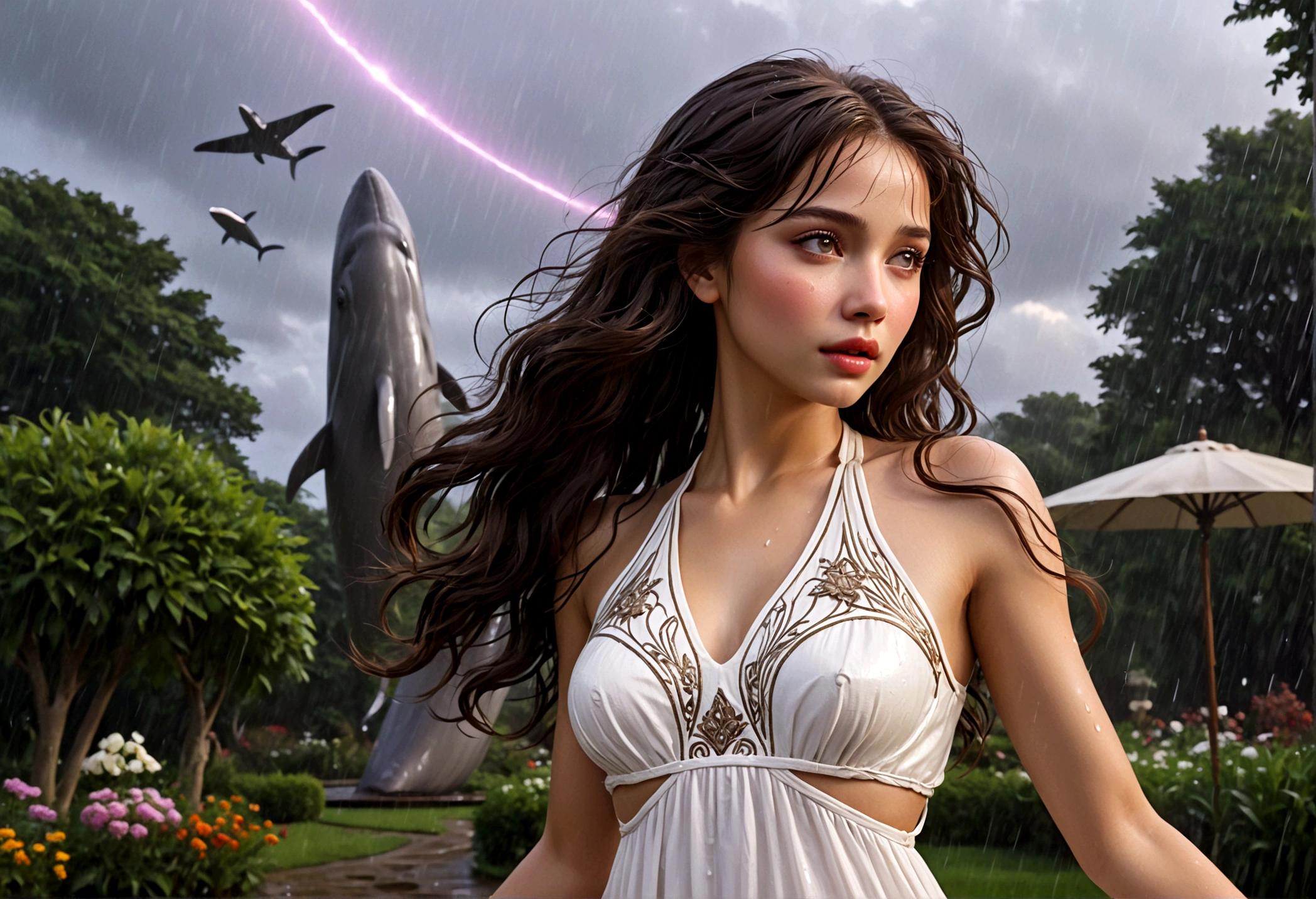 a woman with honeybun hair, beautiful detailed eyes, beautiful detailed lips, extremely detailed face, long eyelashes, wearing a white airy dress, dancing in the rain, in a lush garden on Alderaan, flying sky whales in the background, 1girl, digital art, oil painting, cinematic lighting, warm colors, dramatic, hyperrealistic, 8k, best quality, masterpiece, photorealistic, ultra-detailed
