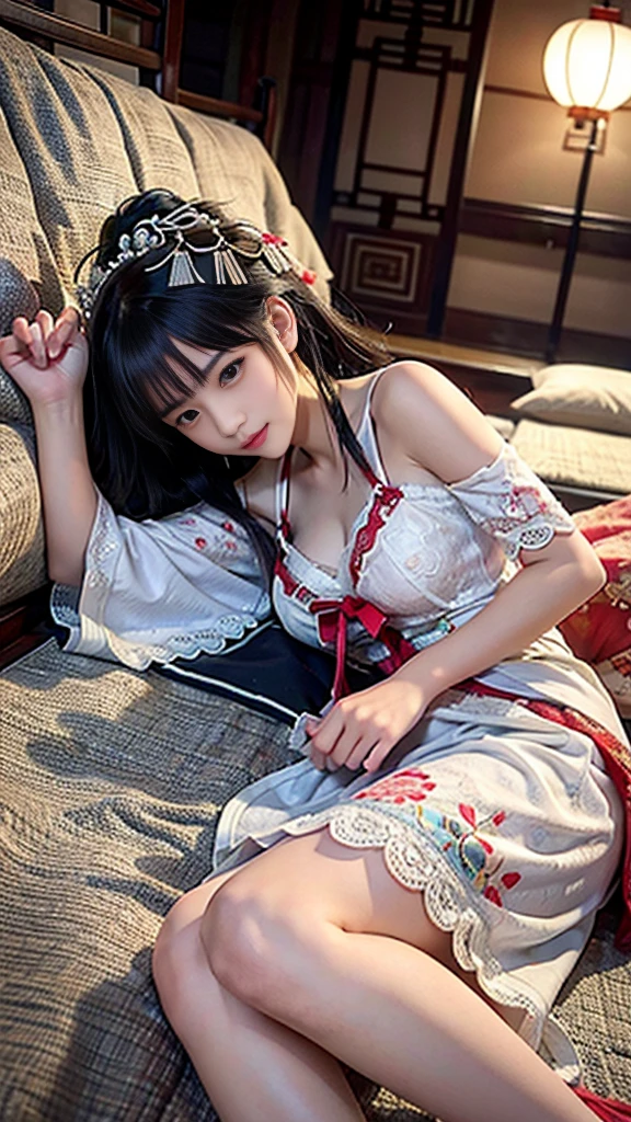 Chinese ancient style，18-year-old beauty，Quiet，Lie on your stomach at the head of the bed，blushing，Expression，Long legs，White lace hanfu，Sexy bra，Dark background，Ancient style house，Large bust，Depiction，enchanting。Masterpiece，8K，Very close observation，细致Depiction