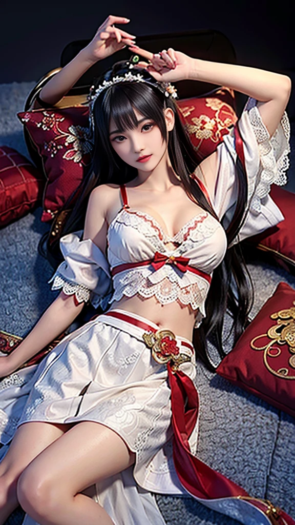 Chinese ancient style,18-year-old beauty,Quiet,Lie on your stomach at the head of the bed,blushing,Expression,Long legs,White lace hanfu,Sexy bra,Dark background,Ancient style house,Large bust,Depiction,enchanting。Masterpiece,8K,Very close observation,细致Depiction