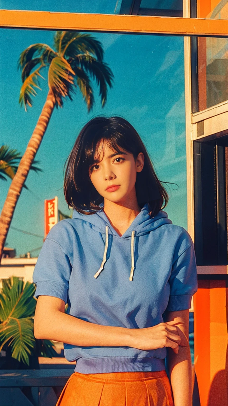 long shot portrait of cute 23 yo girl ,(perfect natural breast),wear ((orange color oversized hoodie)), wear ((purple tennis skirt)),looking viewer,Best Quality,Masterpiece,Ultra High Resolution,(Realisticity:1.4),Original Photo, 1Girl, light leak,ultra high resolution,UHD,beautiful, (black bob hair), almond eye, no makeup, in front of ((80's mondrian architecture motel)), (realistic:1.2), (surreal:1.3), (very detailed:1.1), ((masterpiece)),summer, blue sky, palm trees,sunny, los angles vibes,film camera, 800mm lens,style of Philip Lorca diCorcia