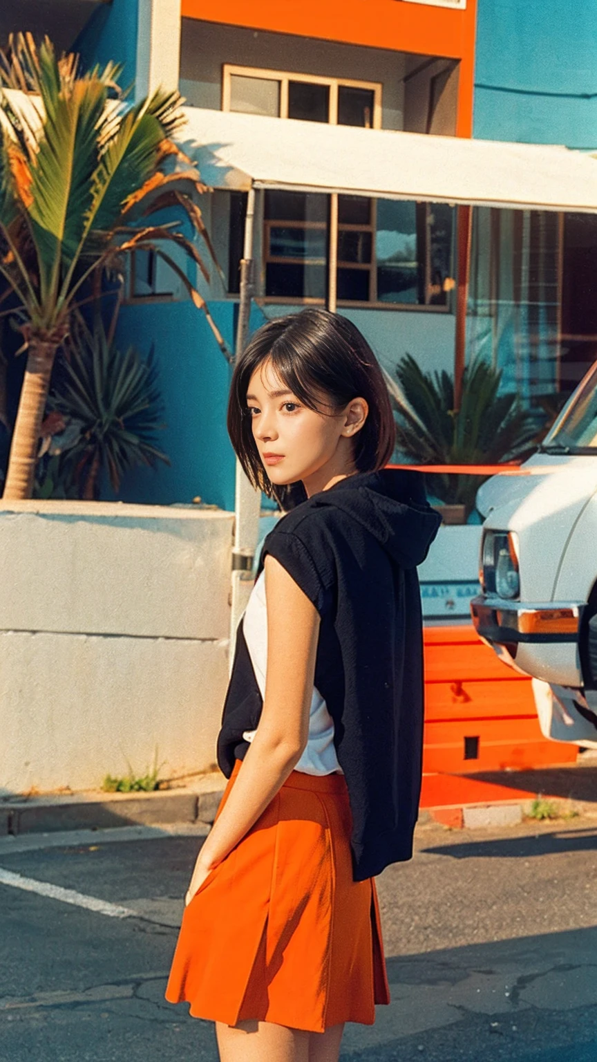 long shot portrait of cute 23 yo girl ,(perfect natural breast),wear ((orange color oversized hoodie)), wear ((purple tennis skirt)),looking viewer,Best Quality,Masterpiece,Ultra High Resolution,(Realisticity:1.4),Original Photo, 1Girl, light leak,ultra high resolution,UHD,beautiful, (black bob hair), almond eye, no makeup, in front of ((80's mondrian architecture motel)), (realistic:1.2), (surreal:1.3), (very detailed:1.1), ((masterpiece)),summer, blue sky, palm trees,sunny, los angles vibes,film camera, 800mm lens,style of Philip Lorca diCorcia