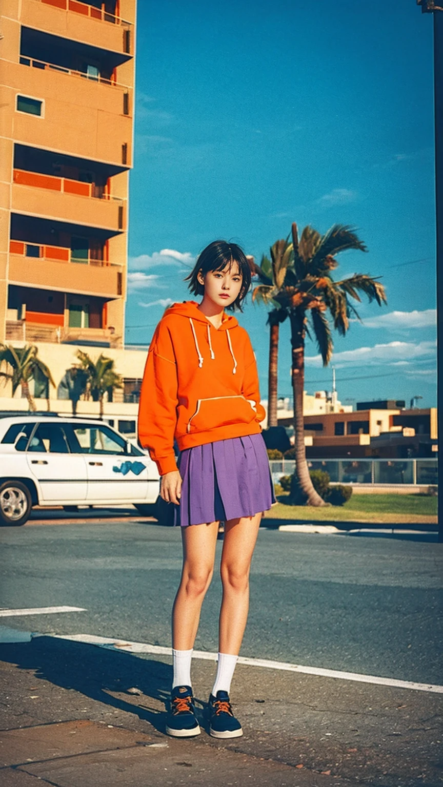 long shot portrait of cute 23 yo girl ,(perfect natural breast),wear ((orange color oversized hoodie)), wear ((purple tennis skirt)),looking viewer,Best Quality,Masterpiece,Ultra High Resolution,(Realisticity:1.4),Original Photo, 1Girl, light leak,ultra high resolution,UHD,beautiful, (black bob hair), almond eye, no makeup, in front of ((80's mondrian architecture motel)), (realistic:1.2), (surreal:1.3), (very detailed:1.1), ((masterpiece)),summer, blue sky, palm trees,sunny, los angles vibes,film camera, 800mm lens,style of Philip Lorca diCorcia