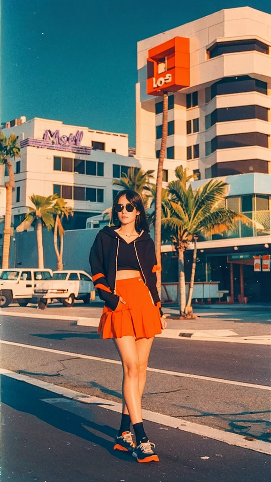 long shot portrait of cute 23 yo girl ,(perfect natural breast),wear ((orange color oversized hoodie)), wear ((purple tennis skirt)),looking viewer,Best Quality,Masterpiece,Ultra High Resolution,(Realisticity:1.4),Original Photo, 1Girl, light leak,ultra high resolution,UHD,beautiful, (black bob hair), almond eye, no makeup, in front of ((80's mondrian architecture motel)), (realistic:1.2), (surreal:1.3), (very detailed:1.1), ((masterpiece)),summer, blue sky, palm trees,sunny, los angles vibes,film camera, 800mm lens,style of Philip Lorca diCorcia