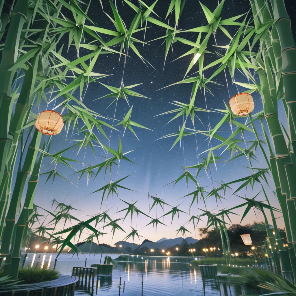 Many origami pieces are hanging from the bamboo trees., quiet night. Digital Illustration, evening Lantern, colorful Lantern, glowing paper Lantern, colorful paper Lantern, Lantern, hanging Lantern, summer night, kongming Lantern in the sky, Summer Festival Night, Magic fairy background, Magic Background, Starry sky environment, glowing Lantern, Magical Scene, Night setting, Night setting, Hanging paper strips and a thousand paper cranes on bamboo leaves, A magical night, Many thousand paper cranes are hanging from the bamboo trees., The origami hanging from the bamboo trees is very colorful, 