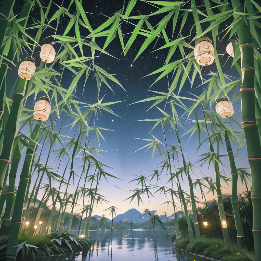 Many origami pieces are hanging from the bamboo trees., quiet night. Digital Illustration, evening Lantern, colorful Lantern, glowing paper Lantern, colorful paper Lantern, Lantern, hanging Lantern, summer night, kongming Lantern in the sky, Summer Festival Night, Magic fairy background, Magic Background, Starry sky environment, glowing Lantern, Magical Scene, Night setting, Night setting, Hanging paper strips and a thousand paper cranes on bamboo leaves, A magical night, Many thousand paper cranes are hanging from the bamboo trees., The origami hanging from the bamboo trees is very colorful, 