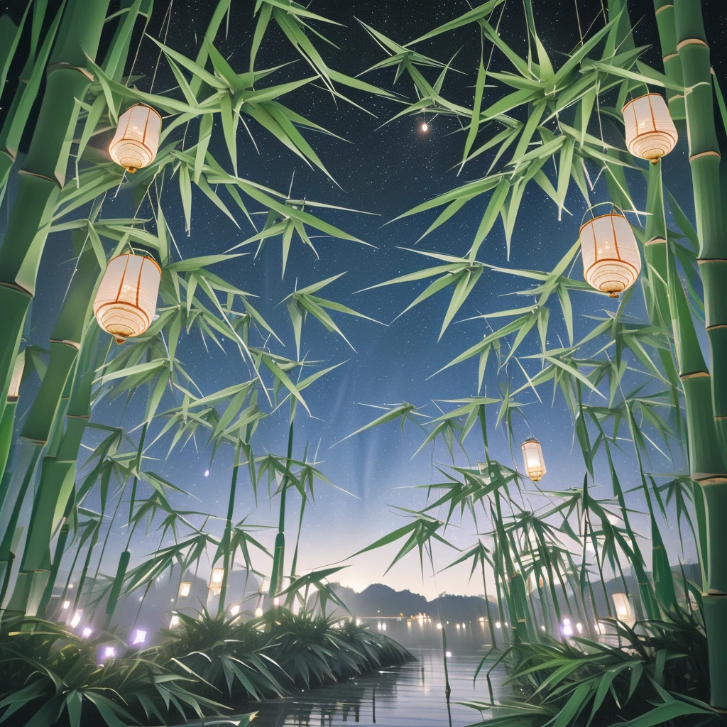 Many origami pieces are hanging from the bamboo trees., quiet night. Digital Illustration, evening Lantern, colorful Lantern, glowing paper Lantern, colorful paper Lantern, Lantern, hanging Lantern, summer night, kongming Lantern in the sky, Summer Festival Night, Magic fairy background, Magic Background, Starry sky environment, glowing Lantern, Magical Scene, Night setting, Night setting, Hanging paper strips and a thousand paper cranes on bamboo leaves, A magical night, Many thousand paper cranes are hanging from the bamboo trees., The origami hanging from the bamboo trees is very colorful, 