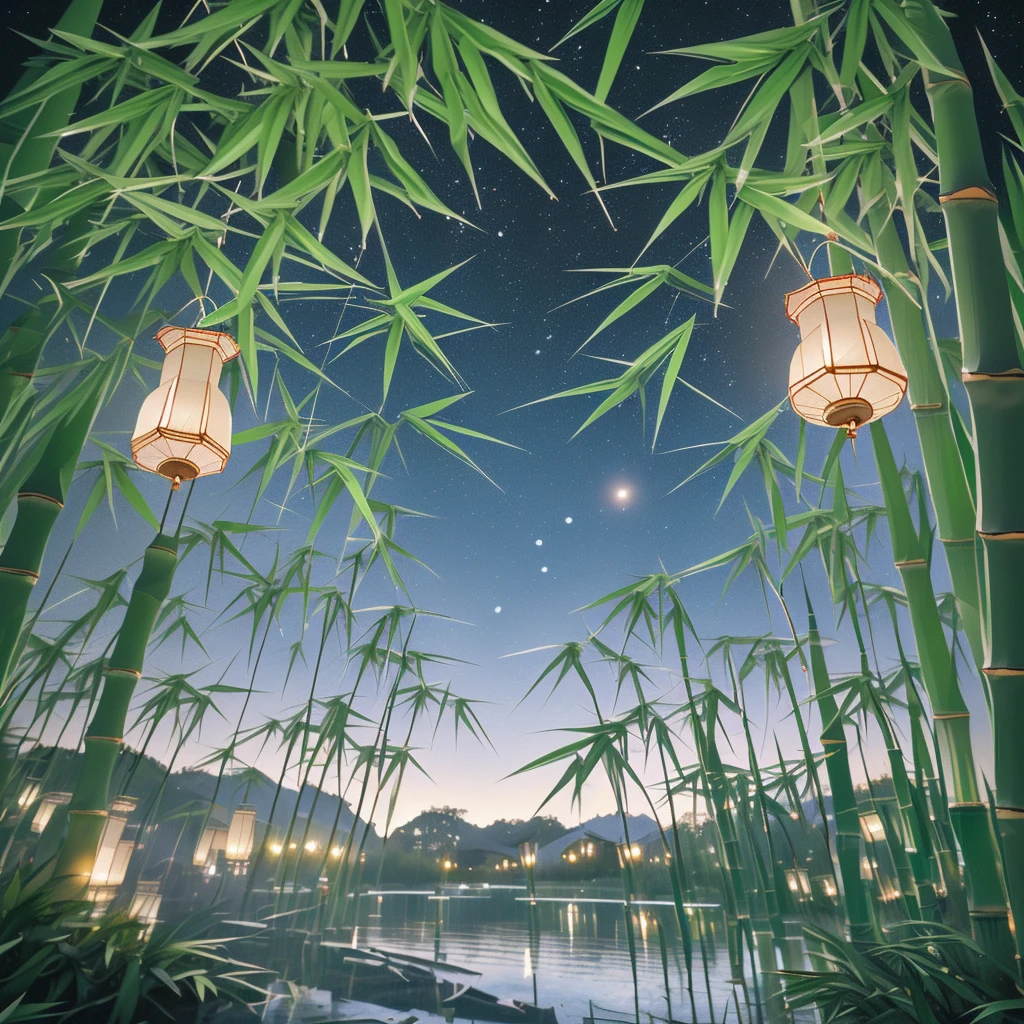 Many origami pieces are hanging from the bamboo trees., quiet night. Digital Illustration, evening Lantern, colorful Lantern, glowing paper Lantern, colorful paper Lantern, Lantern, hanging Lantern, summer night, kongming Lantern in the sky, Summer Festival Night, Magic fairy background, Magic Background, Starry sky environment, glowing Lantern, Magical Scene, Night setting, Night setting, Hanging paper strips and a thousand paper cranes on bamboo leaves, A magical night, Many thousand paper cranes are hanging from the bamboo trees., The origami hanging from the bamboo trees is very colorful, 