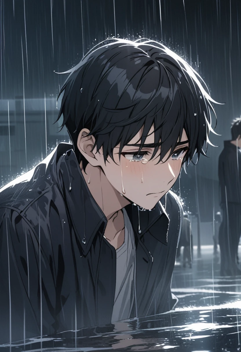 When the young man had tears flowing , rain , black hair ,