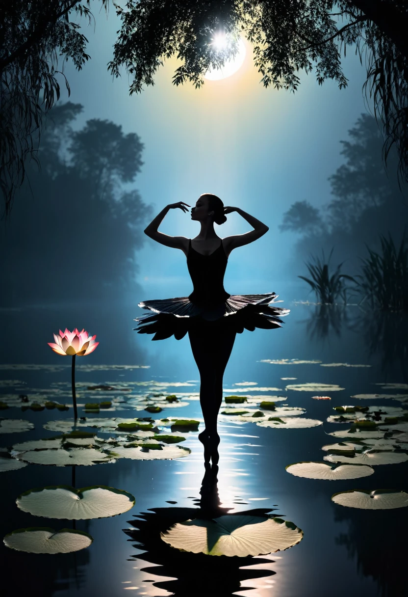 heavy rain，Girl shows black silhouette,Contrast with bright background,ballet silhouette,High contrast,Silhouette ballerina on the lake,lotus, lily pad，Shooting against the light，