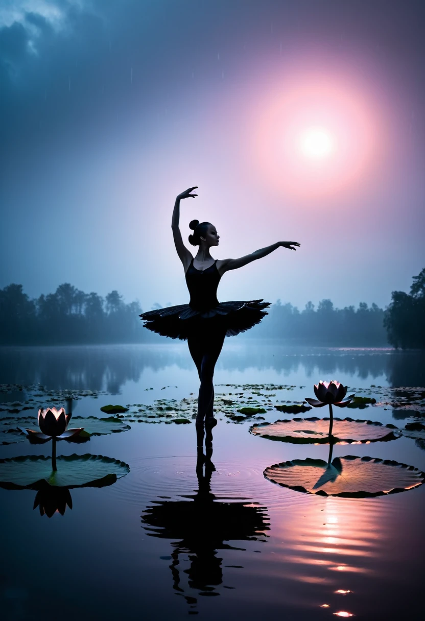 heavy rain,Girl shows black silhouette,Contrast with bright background,ballet silhouette,High contrast,Silhouette ballerina on the lake,lotus, lily pad,Shooting against the light,