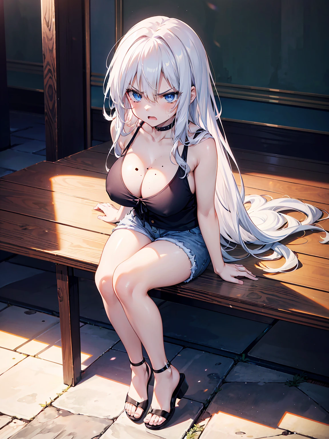 (big breasts, long hair)), (((anime girl))), daylight sunlight, ((full body)), mole on chest, ((shorts)), (extremely detailed 8k cg wallpaper), (extremely delicate and beautiful), (Masterpiece artwork), (the best quality: 1.0), (ultra resolution: 1.0), beautiful lighting, realistic shadows, [high resolution], Detailed aspects, ultra detailed, (((jealous, angry))), cleavage, mini black top, (detailed eyes:1.0, perfect eyes, blue eyes)