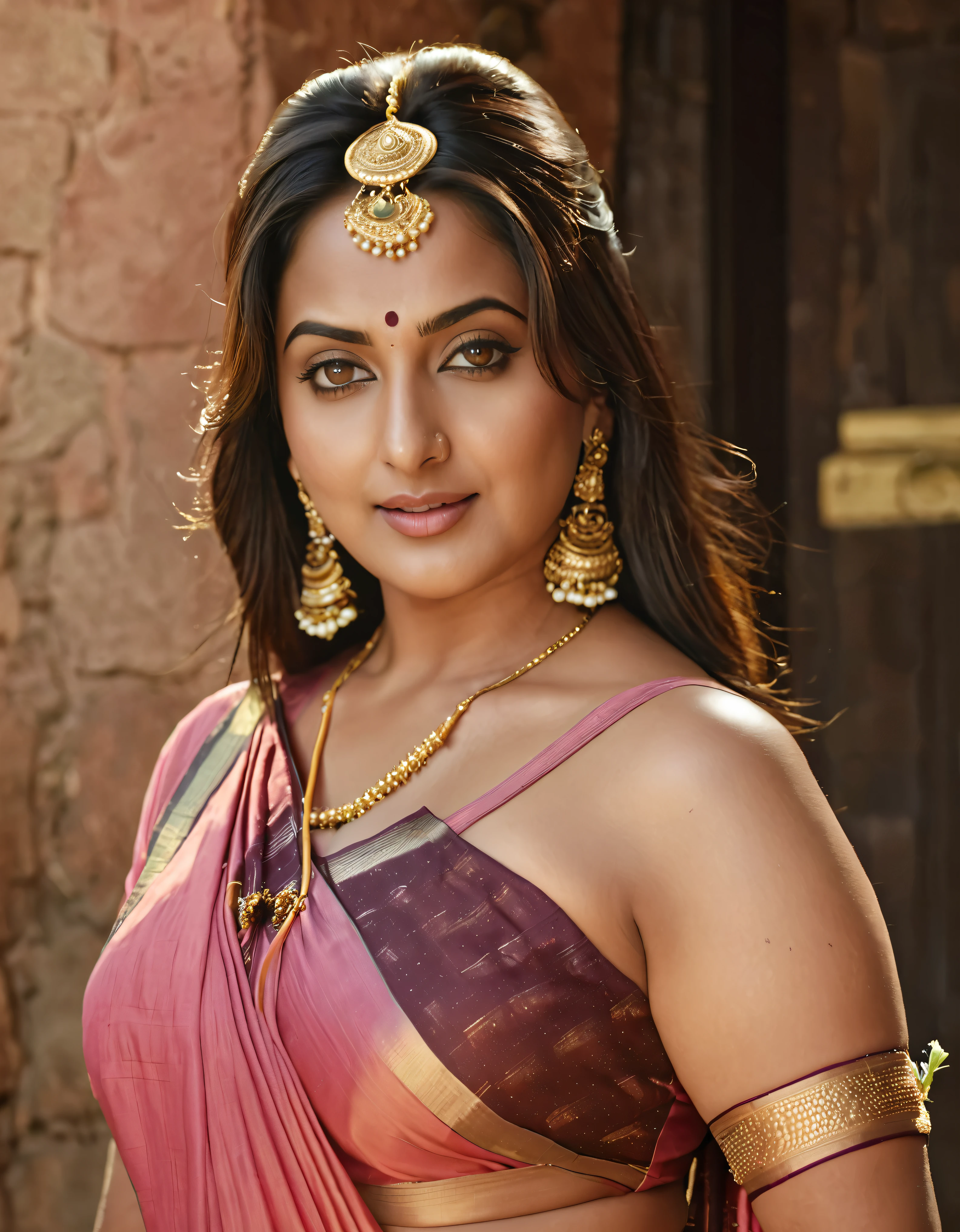 Foto RAW, photorealistic, photography, full body shot, master shot, perfect eyes, goddess like beauty, pierced eyes, perfect thick chubby mallu Desi aunty bhabhi, Wearing a Stanapatta, a chest-band.Saree model, model Photography, Indian saree shoot, Indian traditional wear advertising photography, traditional wear brand shoot, face of Indian actress Sonakshi Sinha, masterpiece, realistic, realism, incredible details,  pleasure, photorealism, detailed skin, skin pores, high contrast, photorealistic Artstation 8k HD digital art trend of high definition and detailed realistic skin texture, ultra detail, realistic skin texture, armature, best quality, ultra high definition, (photorealistic:1.4),, high resolution, detail, raw photo, sweat, Re sharp, by Lee Jefferies Nikon D850 Film Stock Photo 4 Kodak Portra 400 Camera F1.6 Lens Rich Color Ultra Real Realistic Realistic Textures Dramatic Lighting Unreal Engine Trending at Art Station Cinestill 800,(pele altamente detalhada: 1.2), 8k UHD, DSLR, soft-lighting, alta qualidade, grain of film, Fujifilm XT3,she didn't like to wear blouse or bra, she is happy to wear only saree, she hates blouse or bra, detailed hairy armpits, hyper realistic skin, skin pores, sweat, veins, 