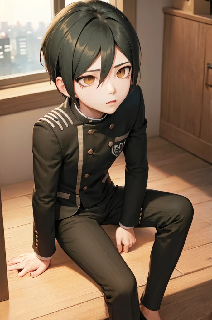 (masterpiece, best quality:1.2), male, solo, male focus, 1boy, saihara shuichi, expressionless, closed mouth, looking at viewer, black jacket, double-breasted, black pants BREAK 1 boy, bedroom, sitting on bed, nightlife, window, city, BREAK 171cm tall, 58kg, 80cm chest