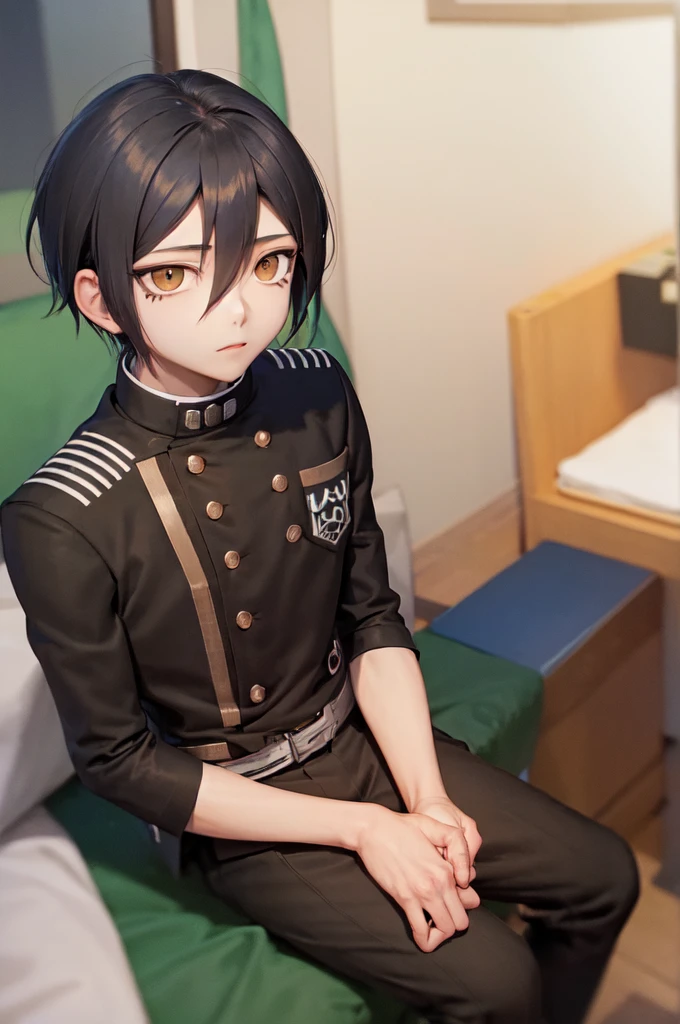 (masterpiece, best quality:1.2), male, solo, male focus, 1boy, saihara shuichi, expressionless, closed mouth, looking at viewer, black jacket, double-breasted, black pants BREAK 1 boy, bedroom, sitting on bed, nightlife, window, city, BREAK 171cm tall, 58kg, 80cm chest