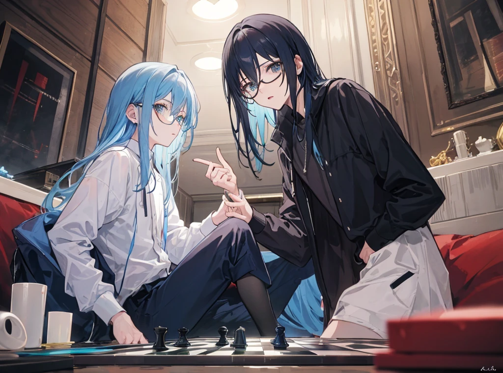 Two men(Androgynous male with long blue hair Black-haired man wearing glasses)Chessboard,is doing(Facing each other), (Masterpiece Top quality)