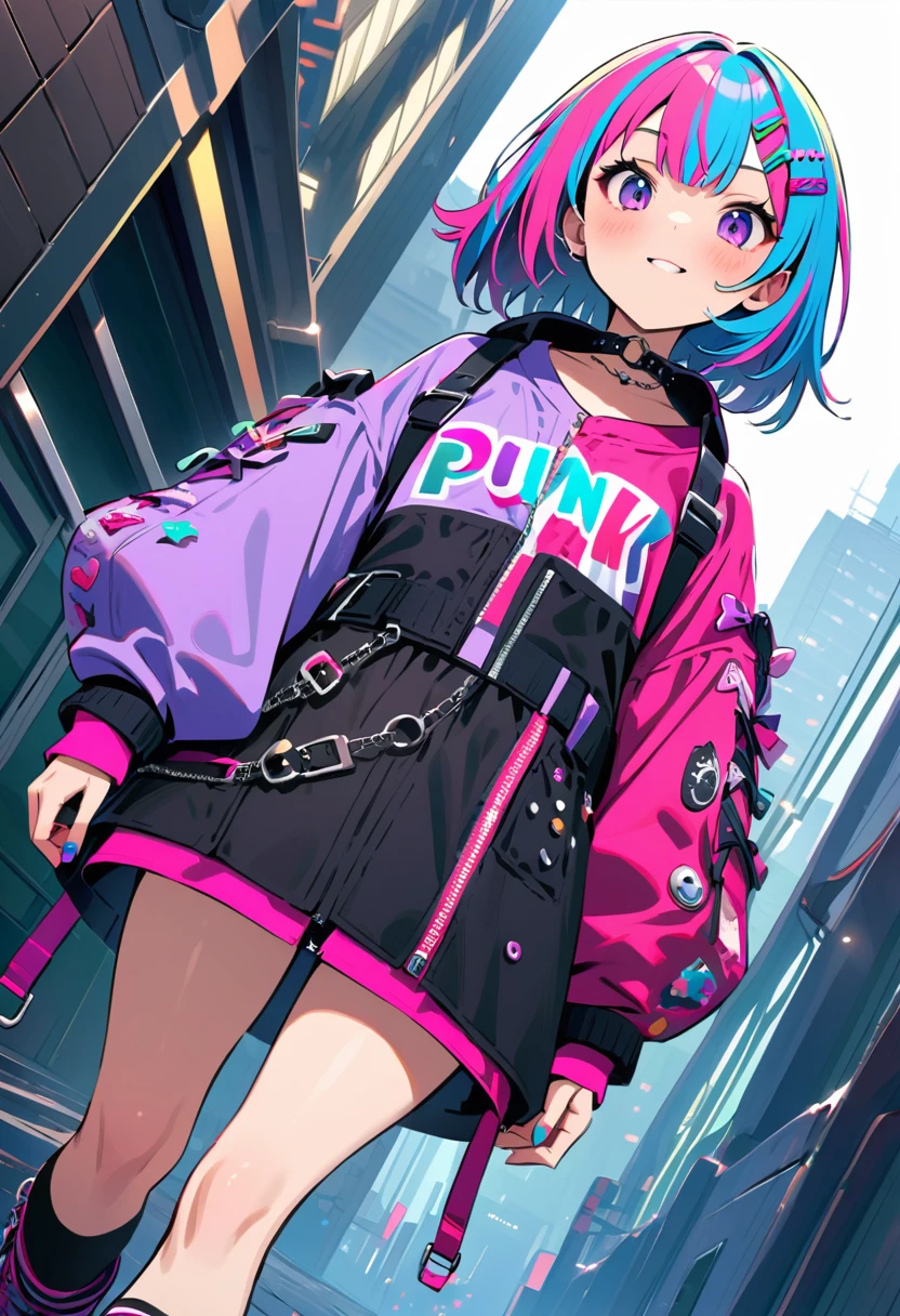 (masterpiece, best quality),
girls,cute face,tween,kawaii,(random color hair,multicolored hair:1.2),(harajuku-style decora punk fashion:1.5),(girl with layered colorful clothing:1.3),(multiple hair clips),knee-high socks with different patterns),carrigyng a pulshie,walking at cyber tokyo city,dynamic angle,(cowboy shot:1.0),