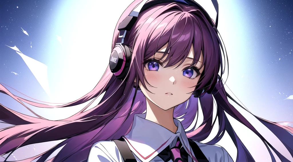 Anime girl with headphones and a white shirt, Anime Style 4k, Anime Girl Portrait, anime art wallpaper 4k, anime art wallpaper 4k, Anime Art Wallpapers 8K, anime wallpaper 4k, anime wallpaper 4k, Nightcore, 4k anime wallpaper, Detailed portrait of an anime girl, Beautiful anime portraits, Digital anime art, Anime Moe Art Style,((The girl is placed at a distance in perspective.))