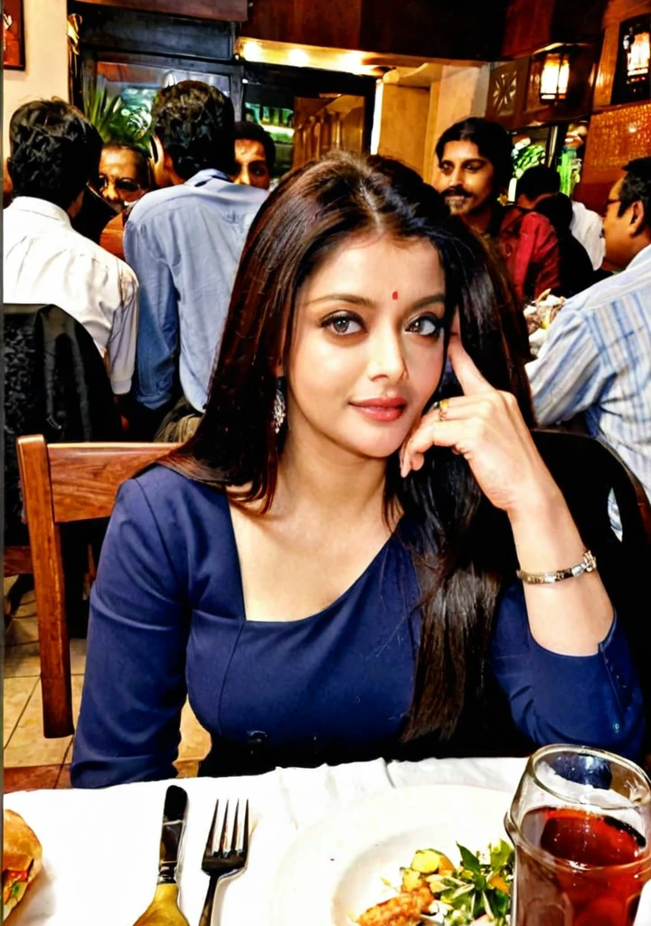 amateur photography,
low quality, bad quality, 
date night with aishwarya rai, at a crowded restaurant, 
