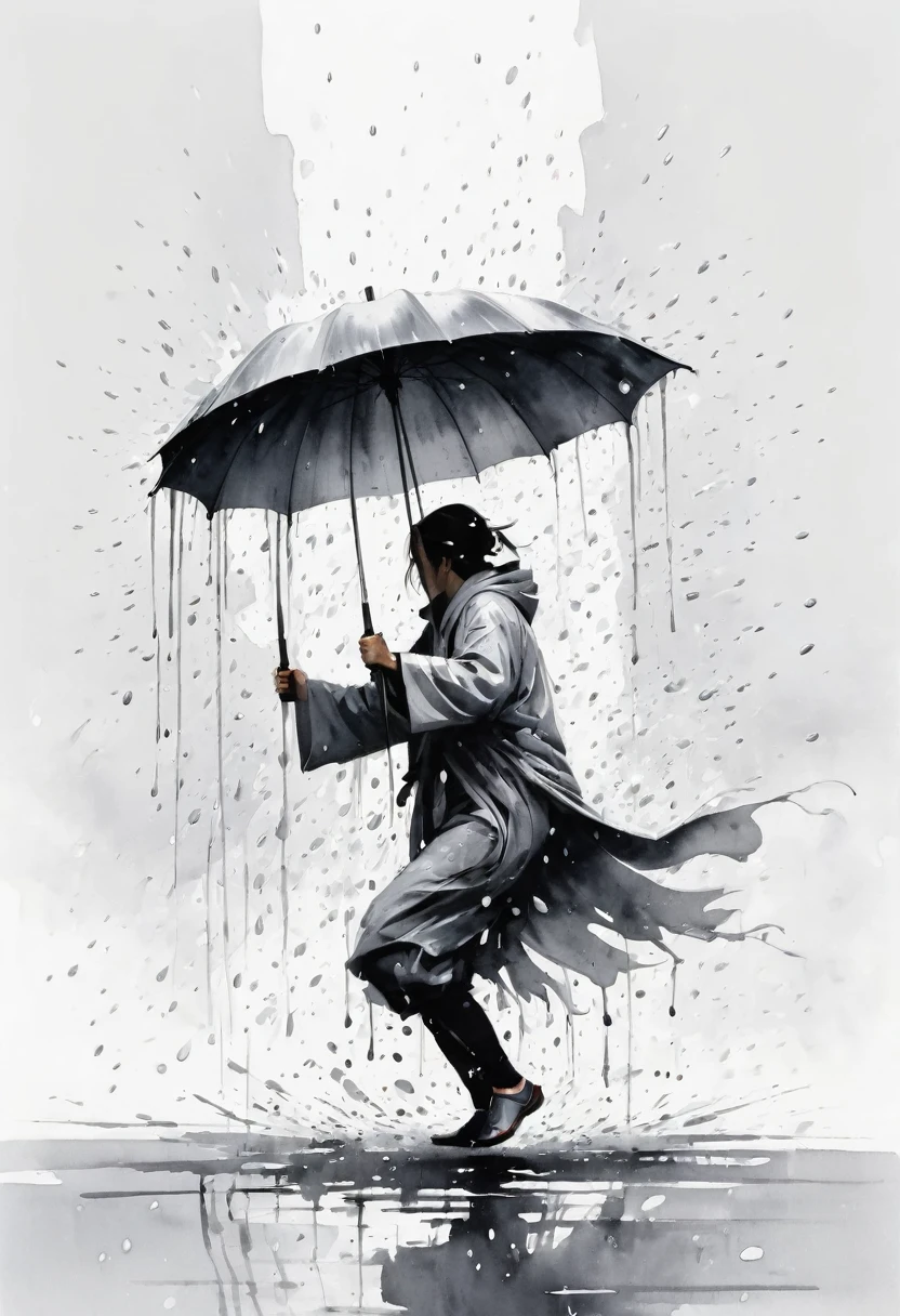 中国Ink Painting, Gray and White, Minimum,White background,The Trail, Minimalism, Huge negative space, Ink Painting, Abstract,heavy rain,A person dancing in the rain