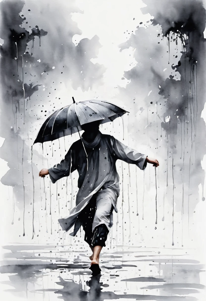 中国Ink Painting, Gray and White, Minimum,White background,The Trail, Minimalism, Huge negative space, Ink Painting, Abstract,heavy rain,A person dancing in the rain
