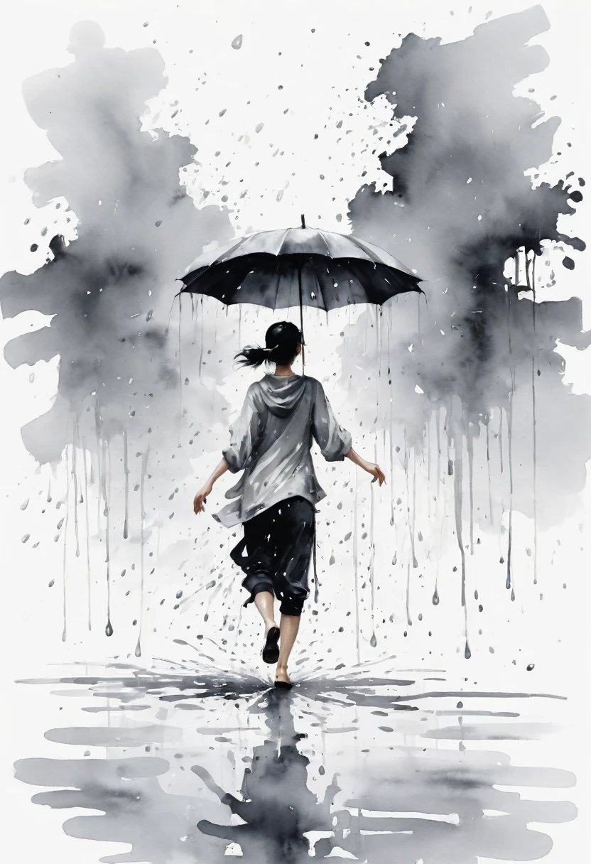 中国Ink Painting, Gray and White, Minimum,White background,The Trail, Minimalism, Huge negative space, Ink Painting, Abstract,heavy rain,A person dancing in the rain
