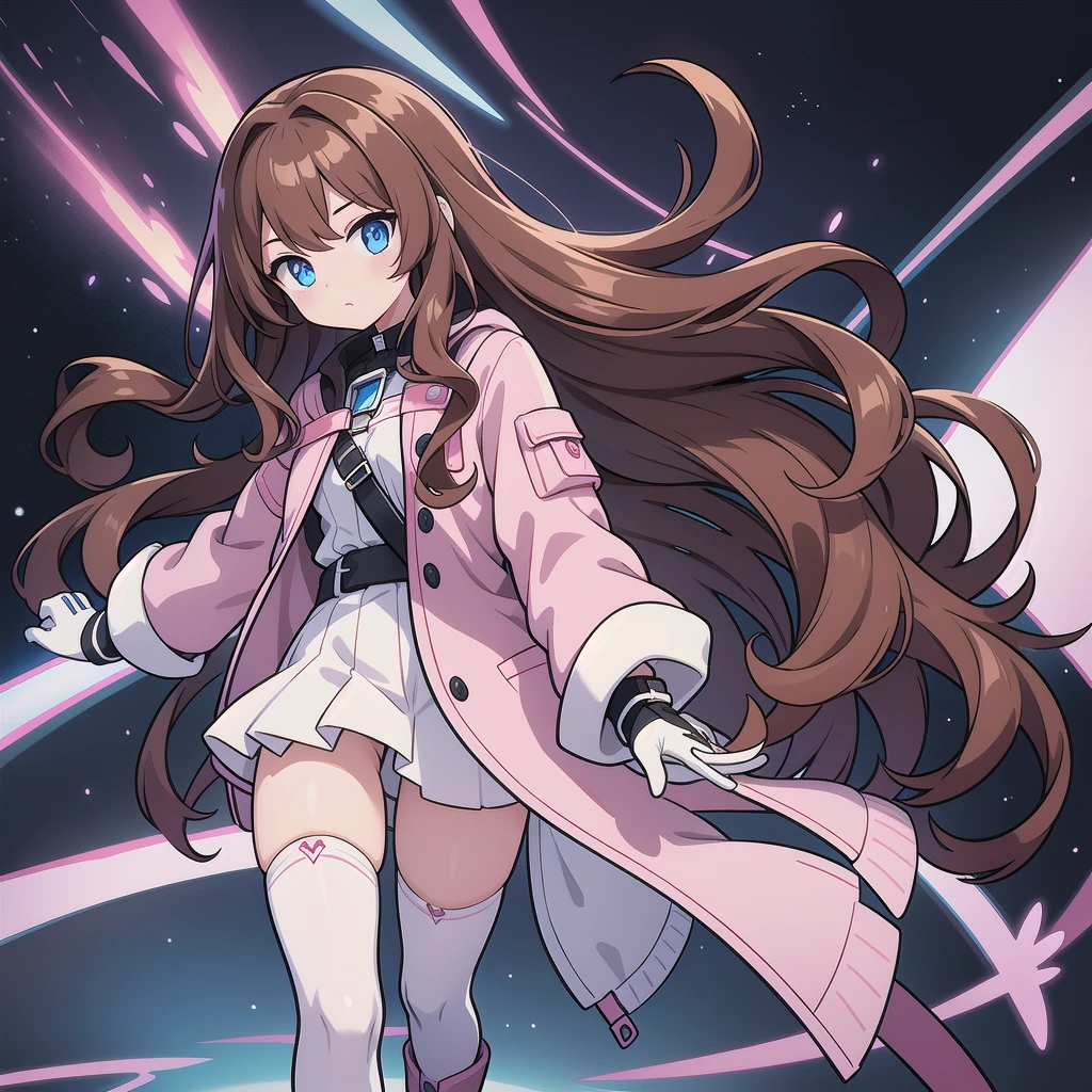 A woman, long brown hair [Wavy hair at the end of the hair,], blue eyes [bright pupils 1.5] break 
White shirt[with white shirt collar], Pink coquette jacket[Zipped up half way], Space blue short, Black gloves[short gloves,cover only the wrist and middle finger], Black tights, White legs warm,Blown boots [Short]. Break 
